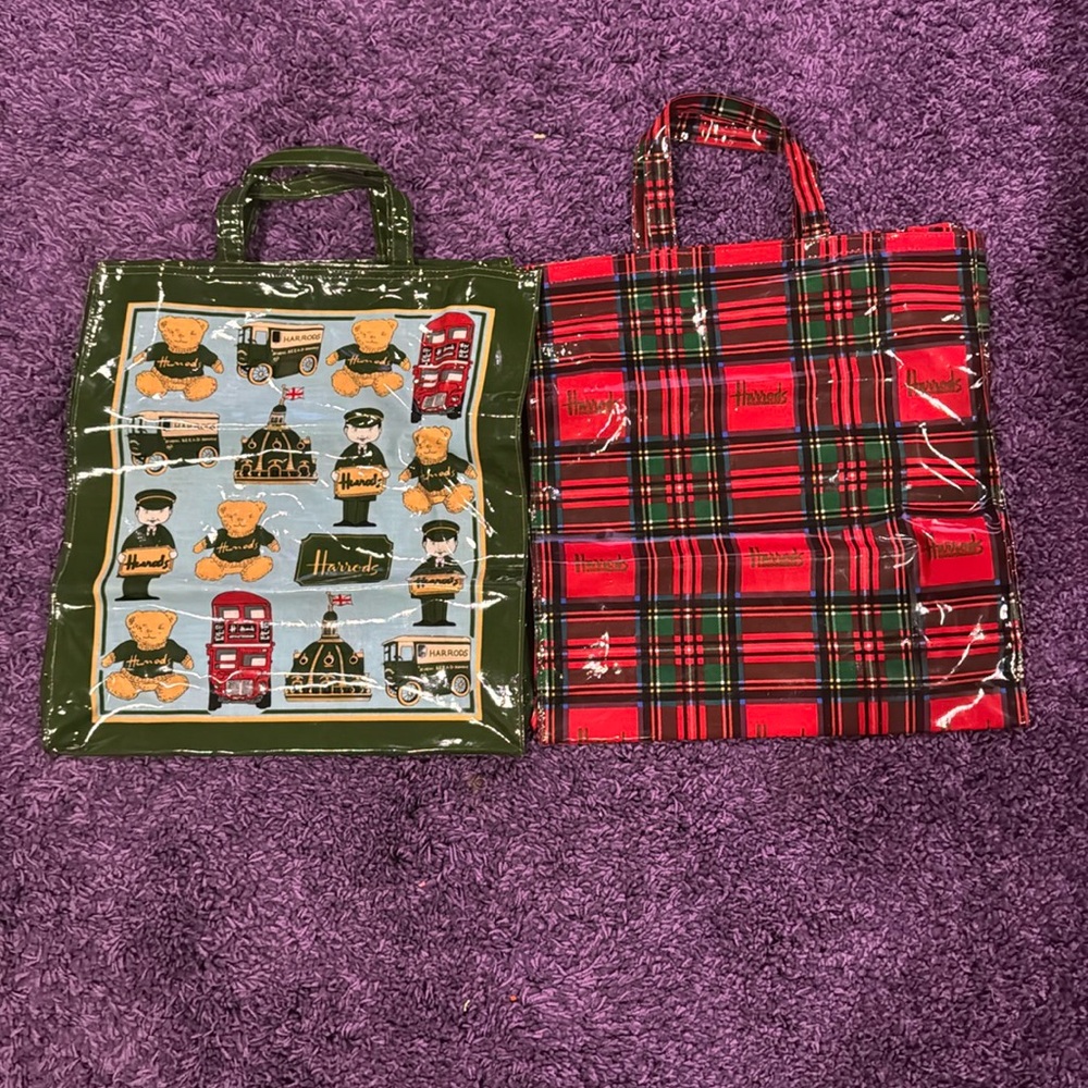 Vintage lot of Harrods Knightsbridge London totes.  Teddy Bear & Plaid PVC